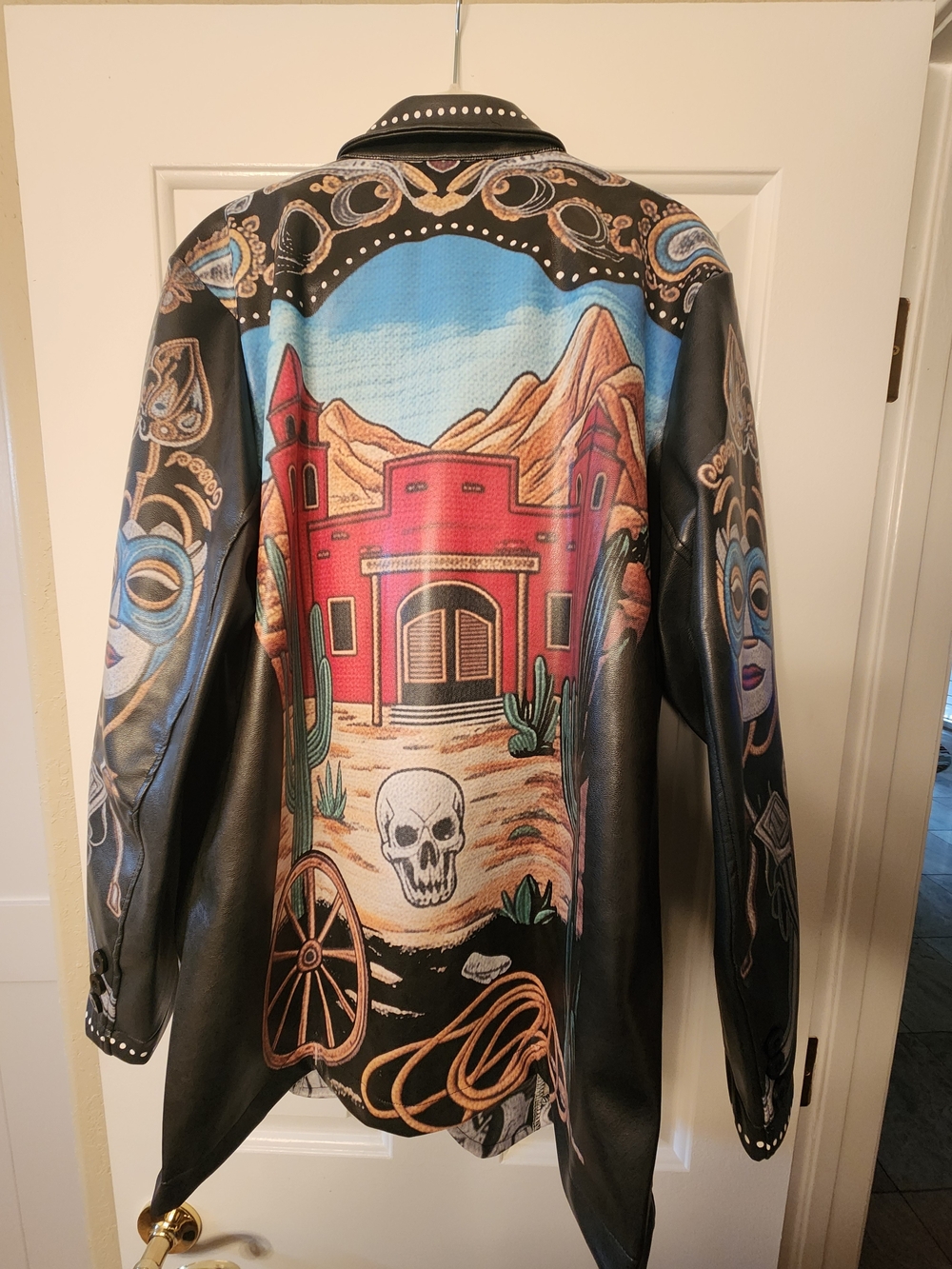 Black Faux Leather Western Skull Jacket - Multicolor Desert Motif Rockabilly LG
